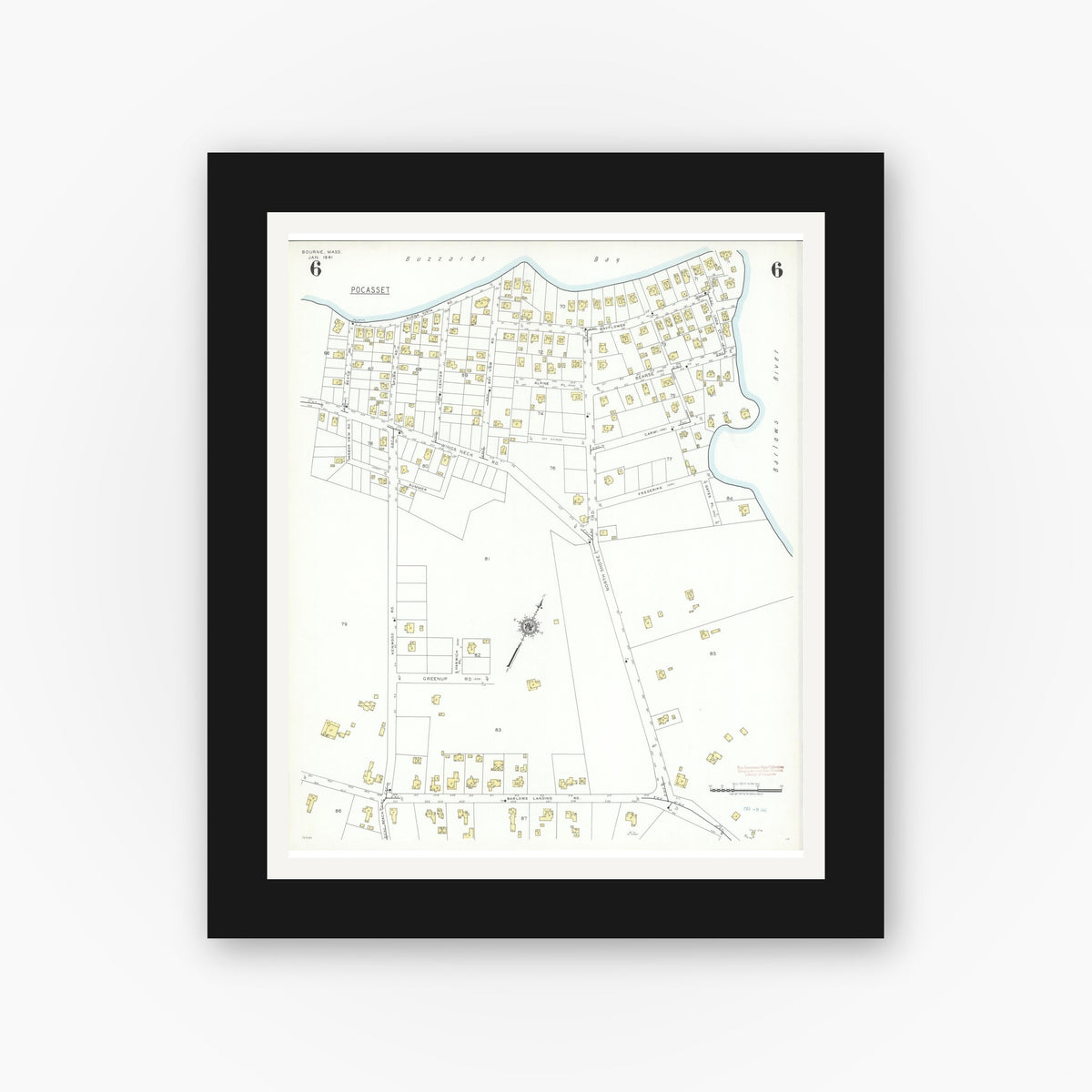 Old map wall art mockup — black gallery frame with white mat — Sanborn Fire Insurance Map from Bourne, Barnstable County, Massachusetts (1941), Sheet #0006