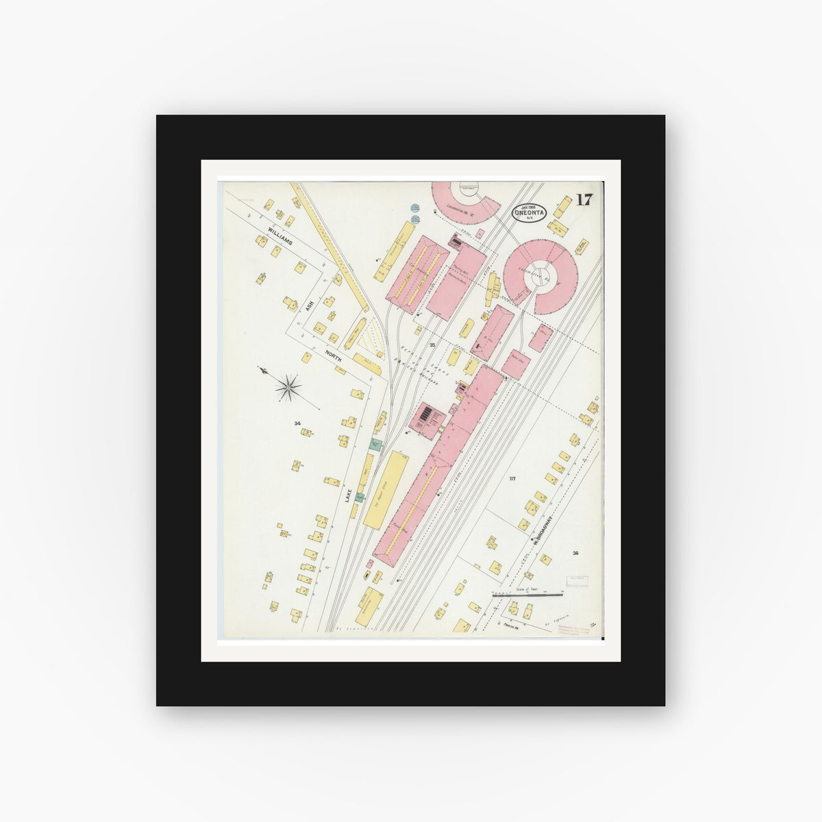 Old map wall art mockup — black gallery frame with white mat — Sanborn Fire Insurance Map from Oneonta, Otsego County, New York (1905), Sheet #0017