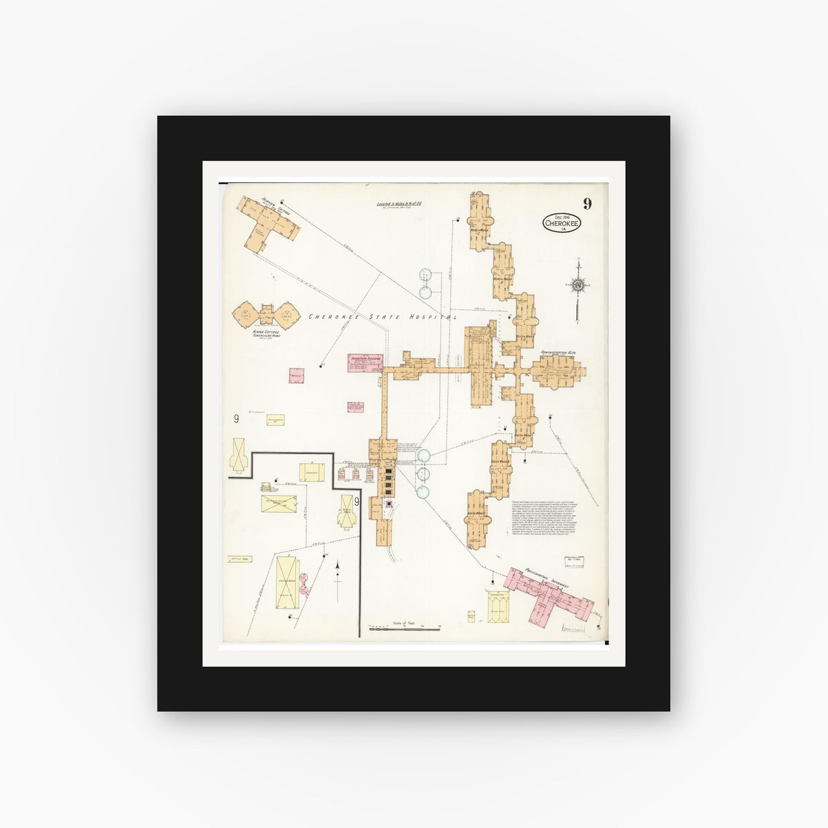Old map wall art mockup — black gallery frame with white mat — Sanborn Fire Insurance Map from Cherokee, Cherokee County, Iowa (1914), Sheet #0009