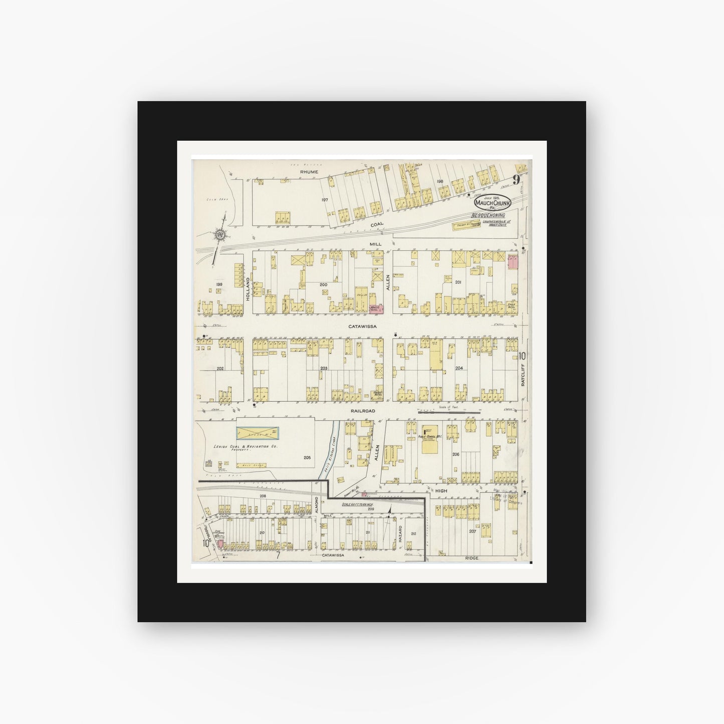 Old map wall art mockup — black gallery frame with white mat — Sanborn Fire Insurance Map from Mauch Chunk, Carbon County, Pennsylvania (1915), Sheet #0009