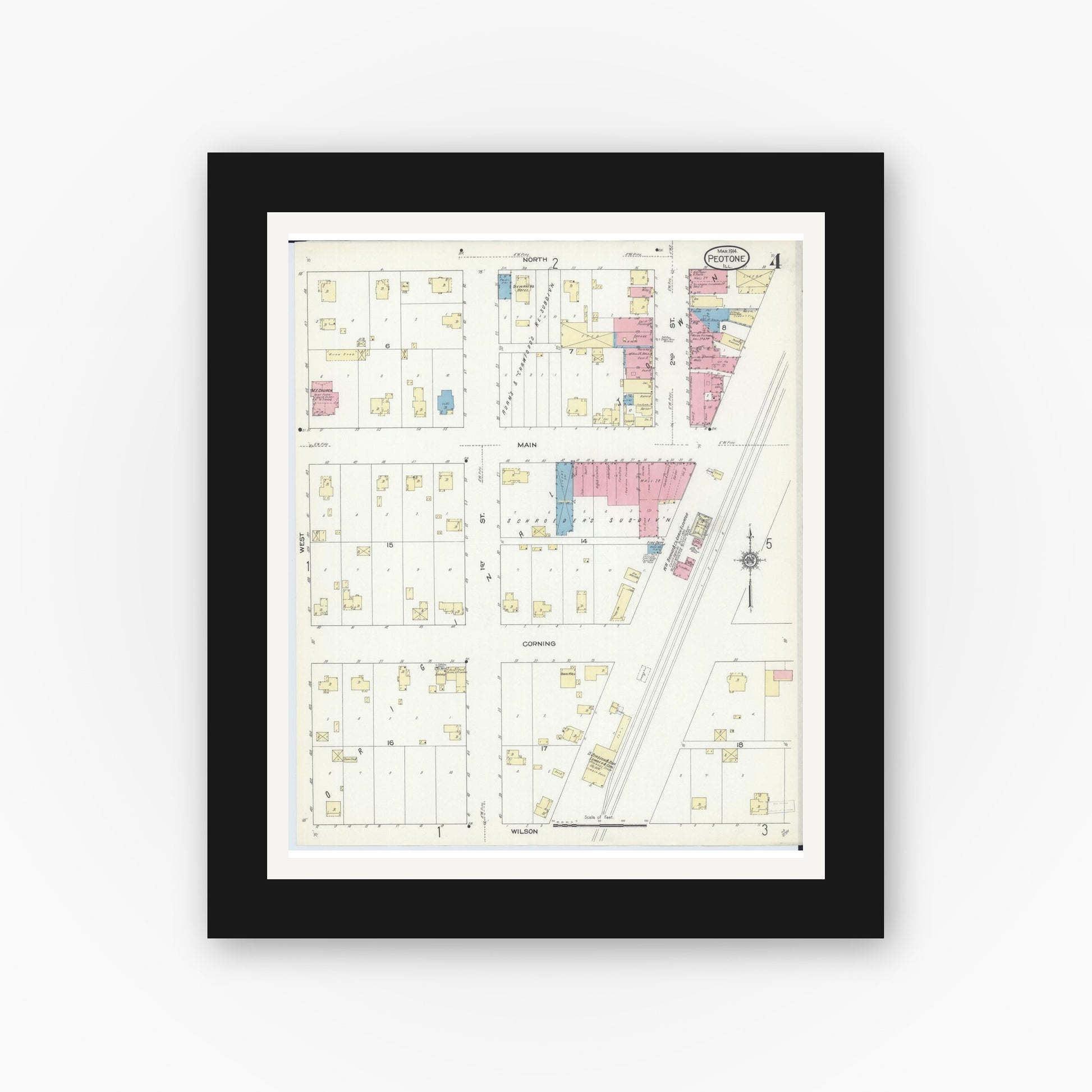 Old map wall art mockup — black gallery frame with white mat — Sanborn Fire Insurance Map from Peotone, Will County, Illinois (1914), Sheet #0004
