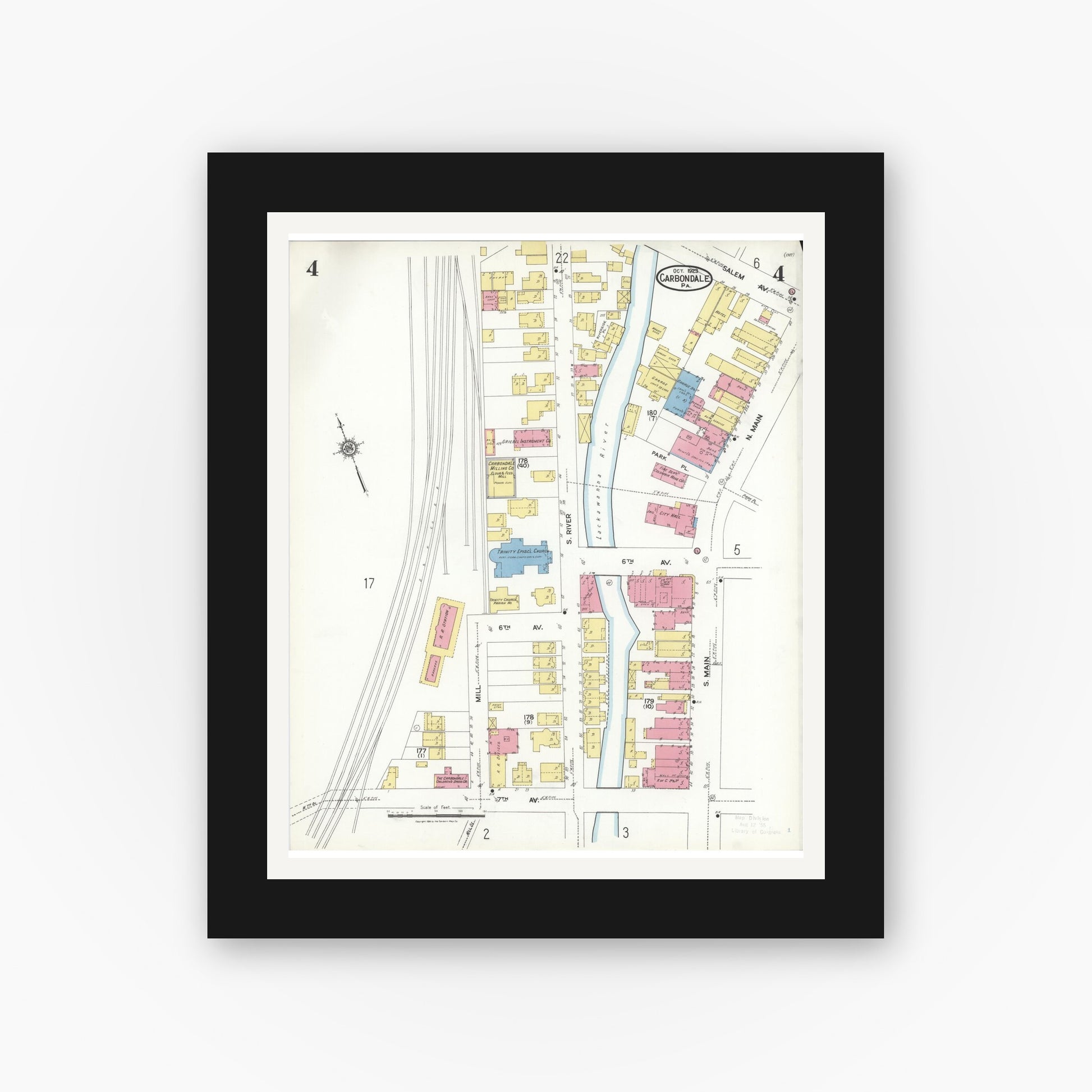Old map wall art mockup — black gallery frame with white mat — Sanborn Fire Insurance Map from Carbondale, Lackawanna County, Pennsylvania (1923), Sheet #0004