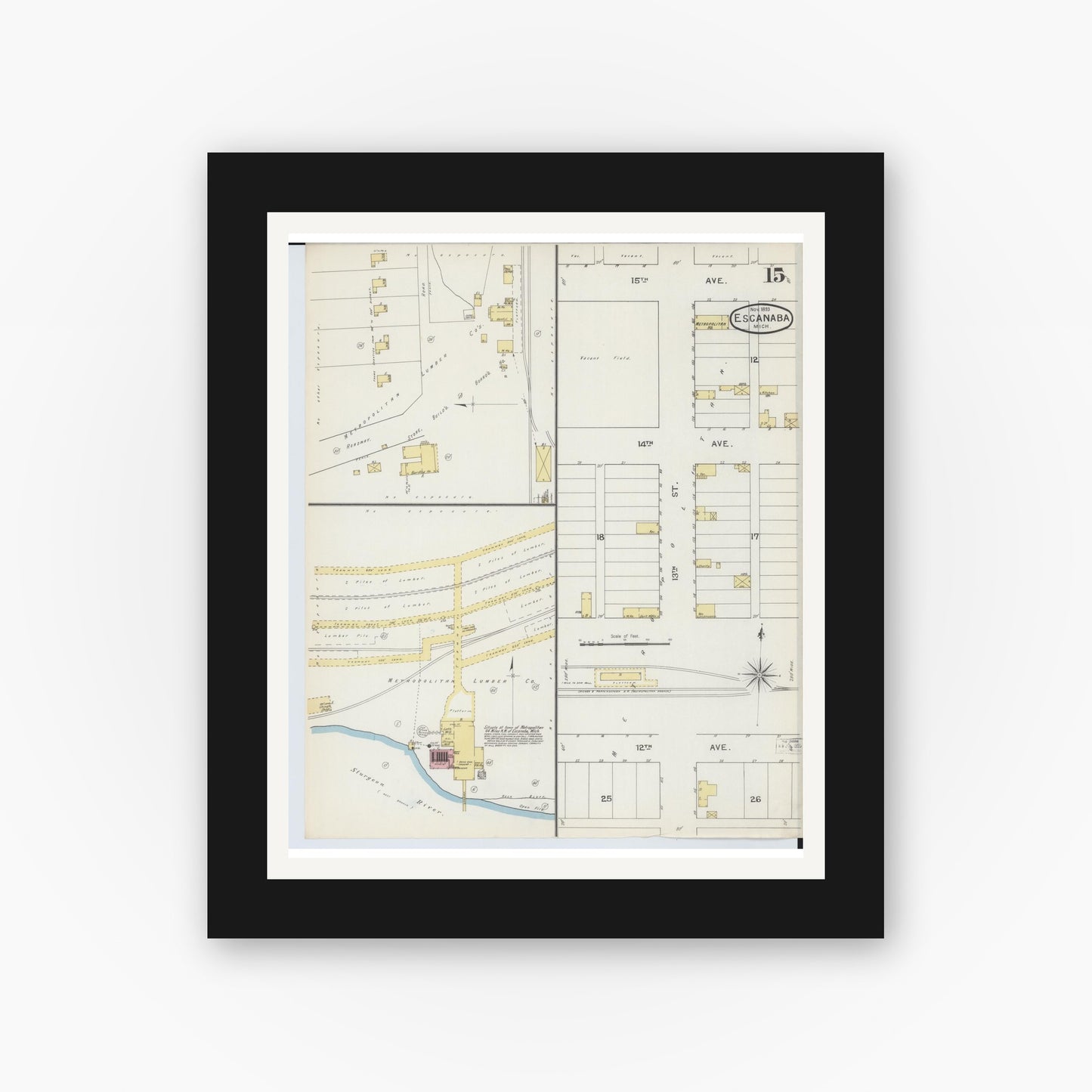 Old map wall art mockup — black gallery frame with white mat — Sanborn Fire Insurance Map from Escanaba, Delta County, Michigan (1893), Sheet #0015