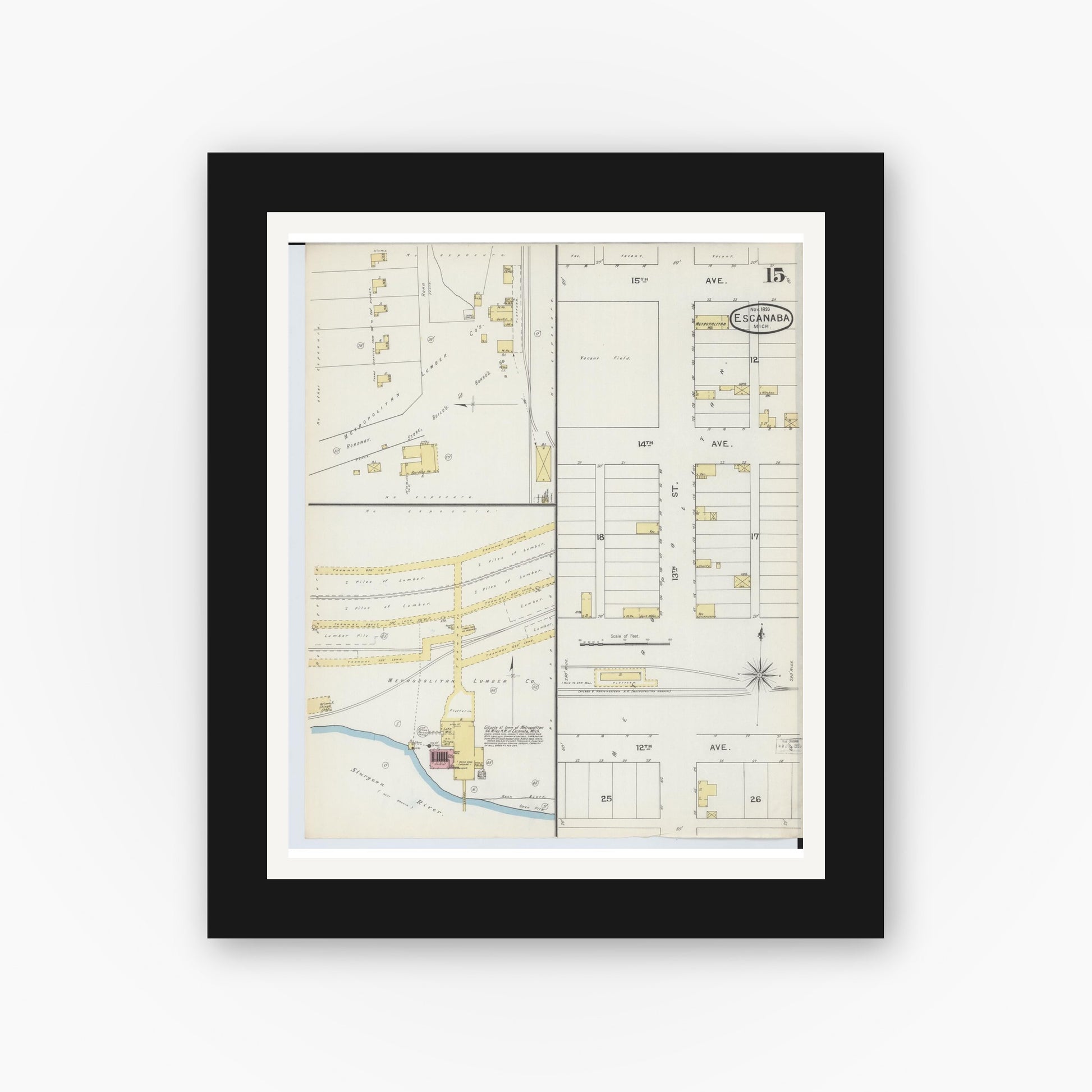 Old map wall art mockup — black gallery frame with white mat — Sanborn Fire Insurance Map from Escanaba, Delta County, Michigan (1893), Sheet #0015
