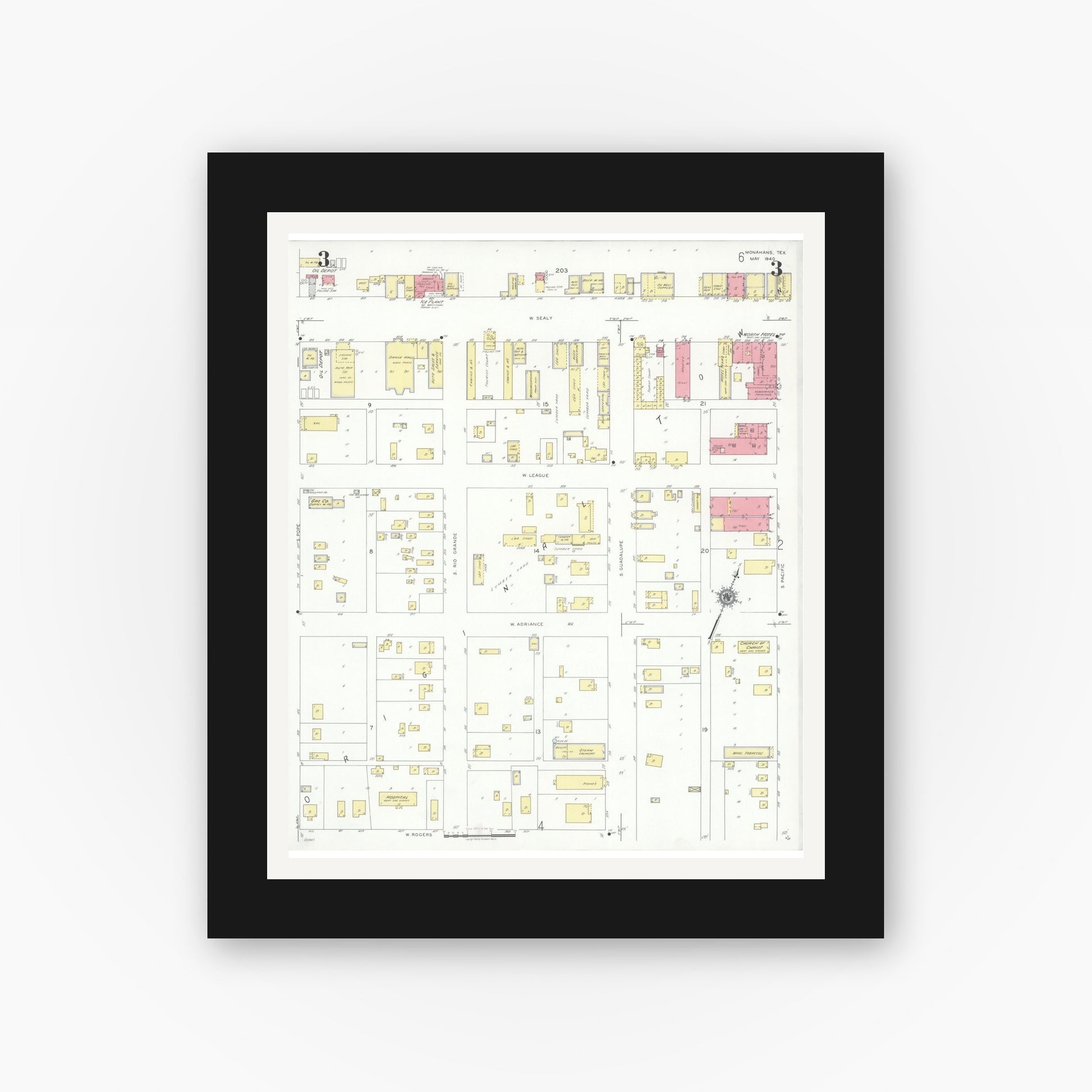Old map wall art mockup — black gallery frame with white mat — Sanborn Fire Insurance Map from Monahans, Ward County, Texas (1940), Sheet #0003