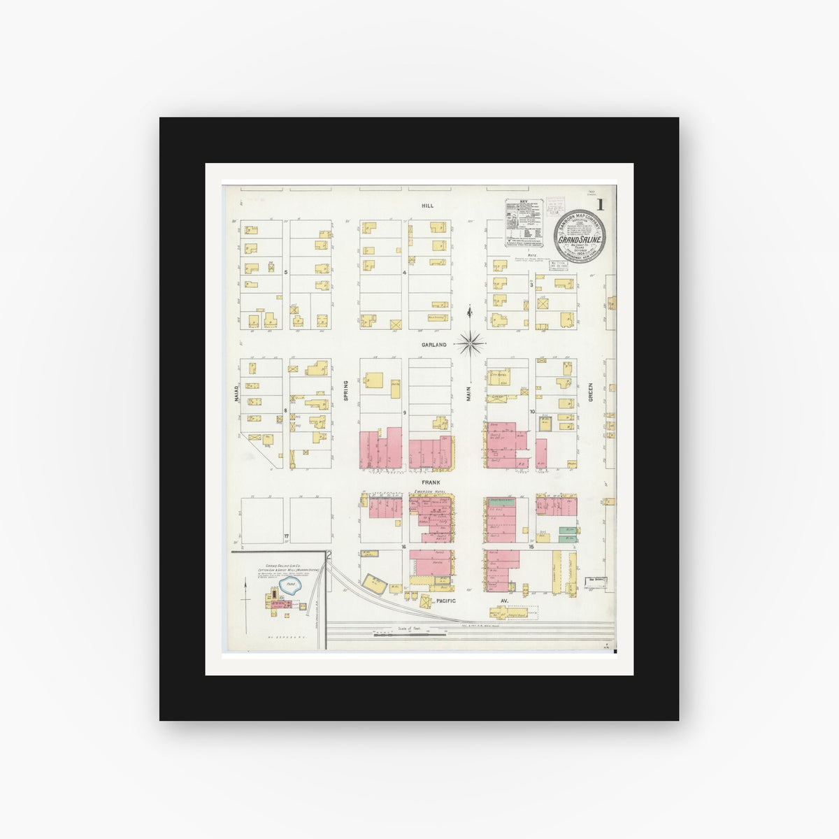 Old map wall art mockup — black gallery frame with white mat — Sanborn Fire Insurance Map from Grand Saline, Van Zandt County, Texas (1904), Sheet #0001