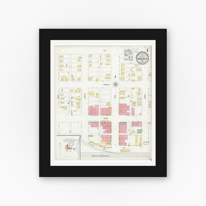 Old map wall art mockup — black gallery frame with white mat — Sanborn Fire Insurance Map from Grand Saline, Van Zandt County, Texas (1904), Sheet #0001