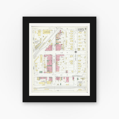 Old map wall art mockup — black gallery frame with white mat — Sanborn Fire Insurance Map from Gibson City, Ford County, Illinois (1910), Sheet #0002