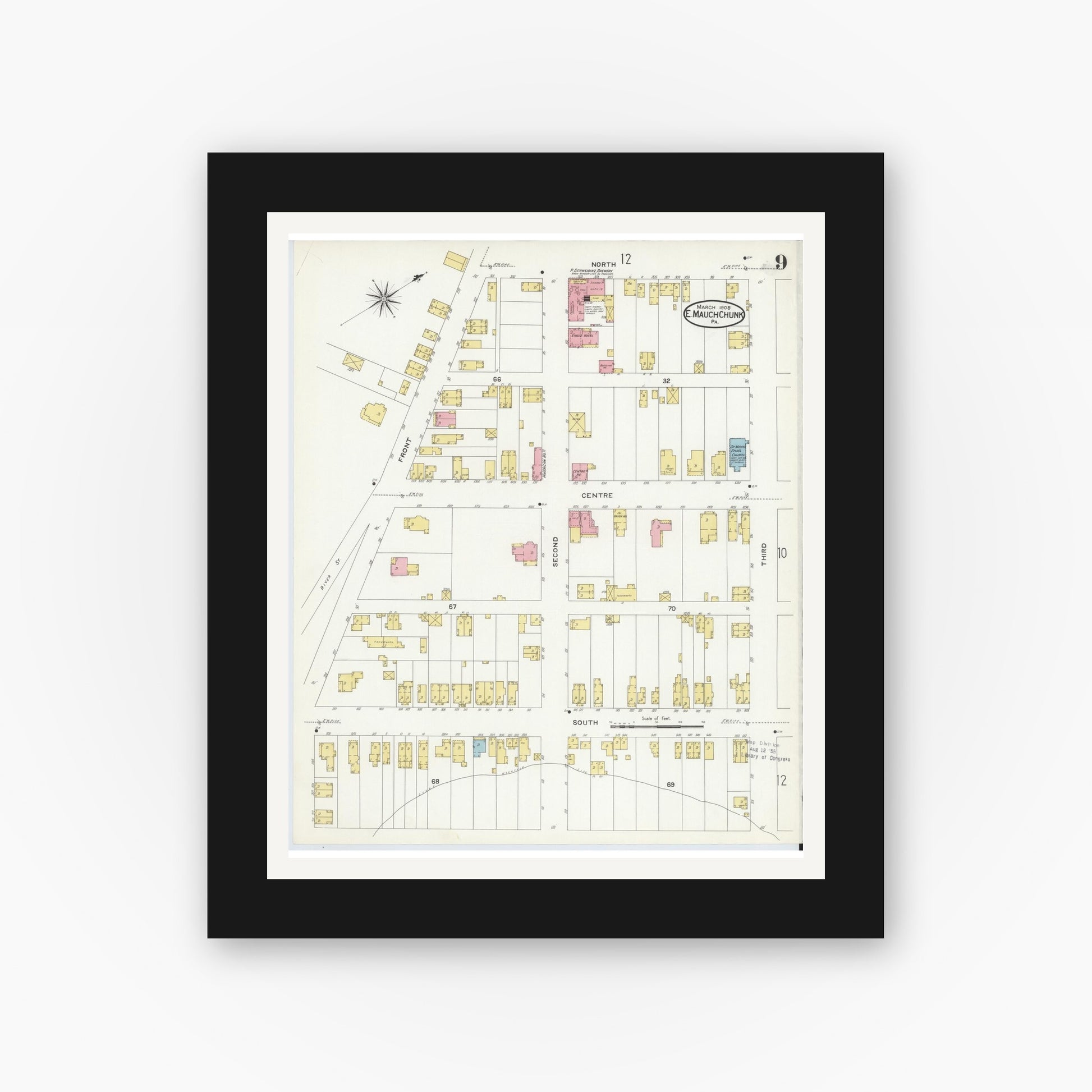 Old map wall art mockup — black gallery frame with white mat — Sanborn Fire Insurance Map from Mauch Chunk, Carbon County, Pennsylvania (1908), Sheet #0009