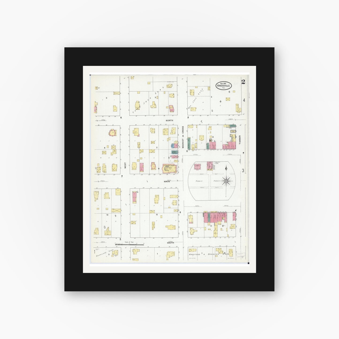 Old map wall art mockup — black gallery frame with white mat — Sanborn Fire Insurance Map from Knoxville, Knox County, Illinois (1909), Sheet #0002