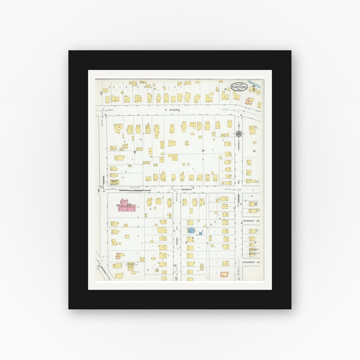 Old map wall art mockup — black gallery frame with white mat — Sanborn Fire Insurance Map from Hartford, Washington County, Wisconsin (1918), Sheet #0007