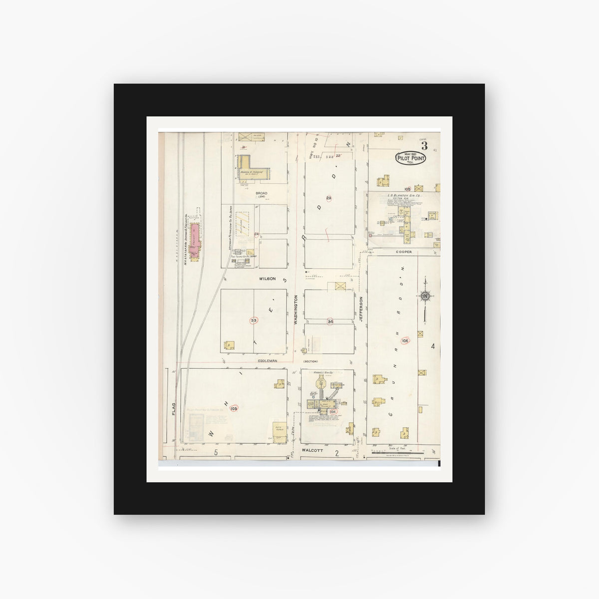 Old map wall art mockup — black gallery frame with white mat — Sanborn Fire Insurance Map from Pilot Point, Denton County, Texas (1940), Sheet #0003