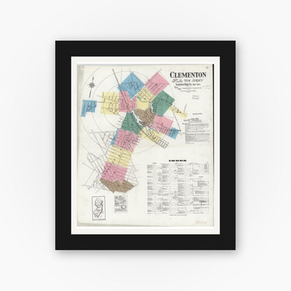 Old map wall art mockup — black gallery frame with white mat — Sanborn Fire Insurance Map from Clementon, Camden County, New Jersey (1924), Sheet #0001