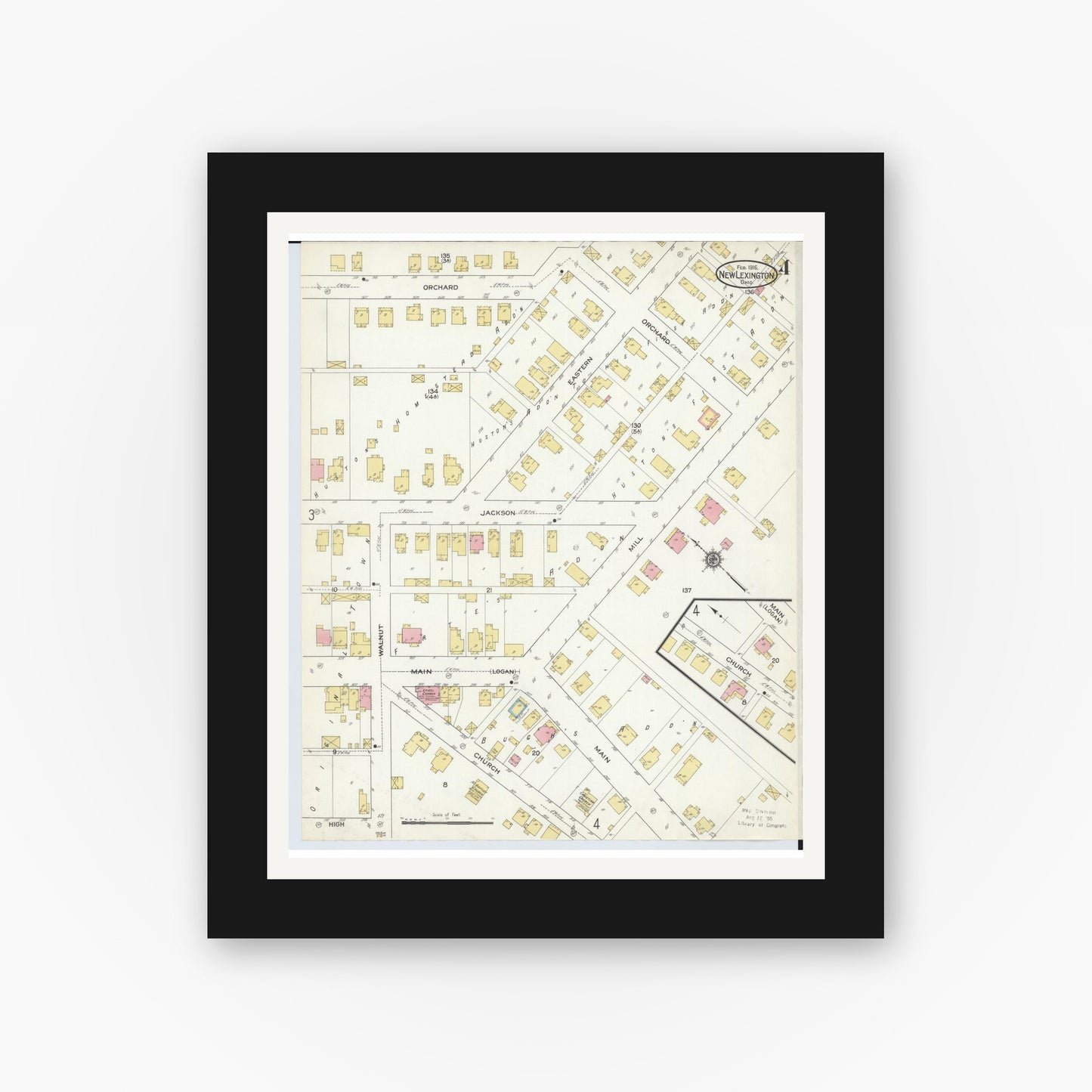 Old map wall art mockup — black gallery frame with white mat — Sanborn Fire Insurance Map from New Lexington, Perry County, Ohio (1916), Sheet #0004