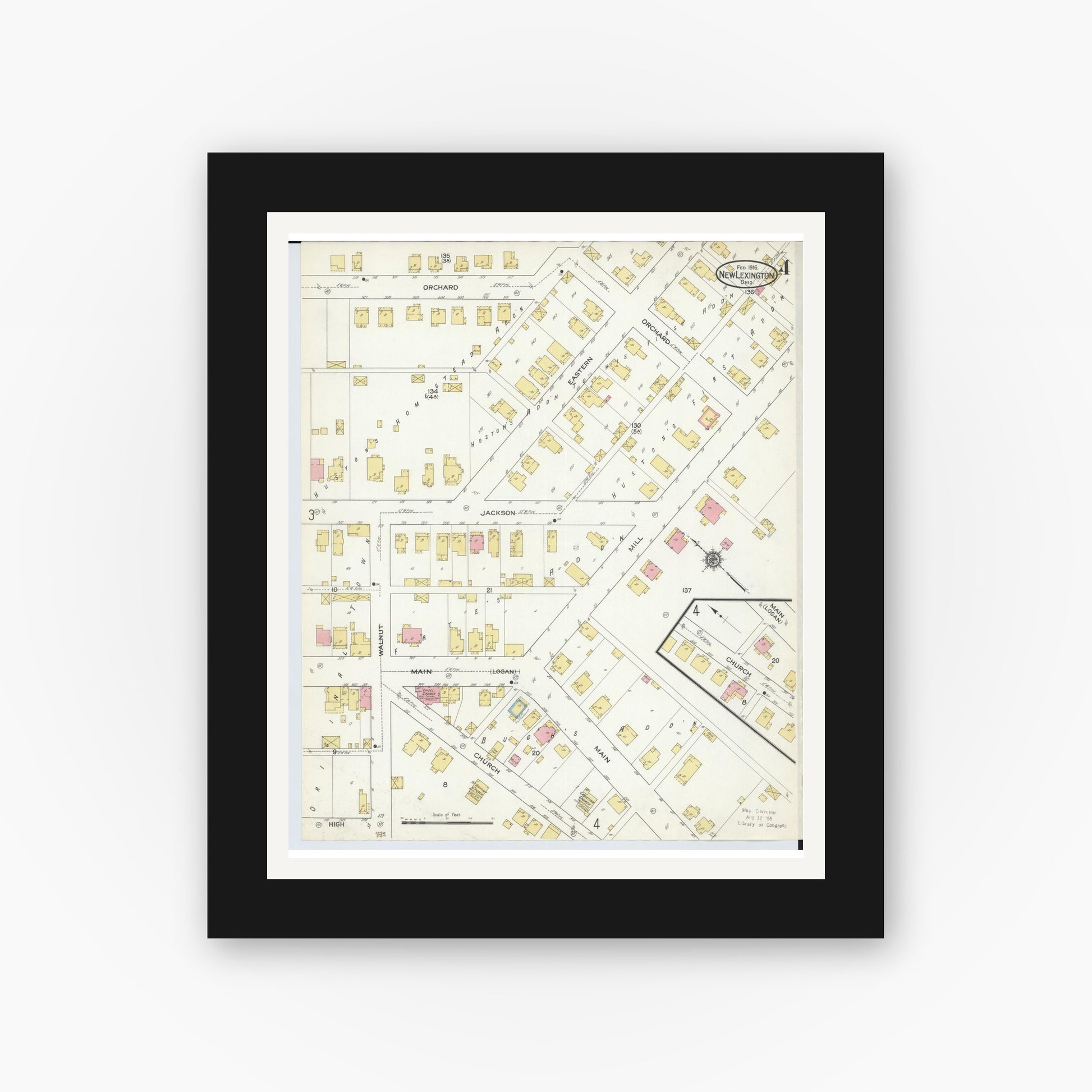 Old map wall art mockup — black gallery frame with white mat — Sanborn Fire Insurance Map from New Lexington, Perry County, Ohio (1916), Sheet #0004