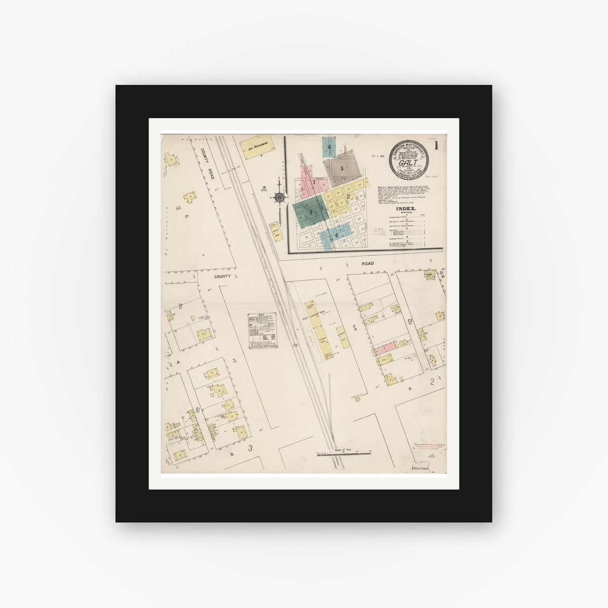 Old map wall art mockup — black gallery frame with white mat — Sanborn Fire Insurance Map from Galt, Sacramento County, California (1911), Sheet #0001