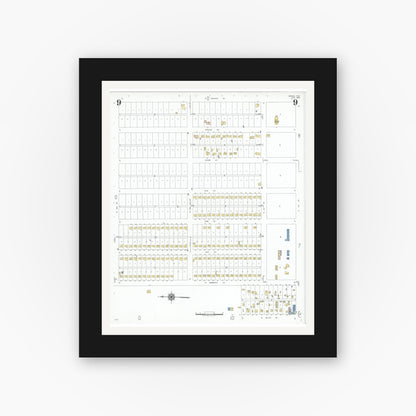 Old map wall art mockup — black gallery frame with white mat — Sanborn Fire Insurance Map from Dumas, Moore County, Texas (1950), Sheet #0009