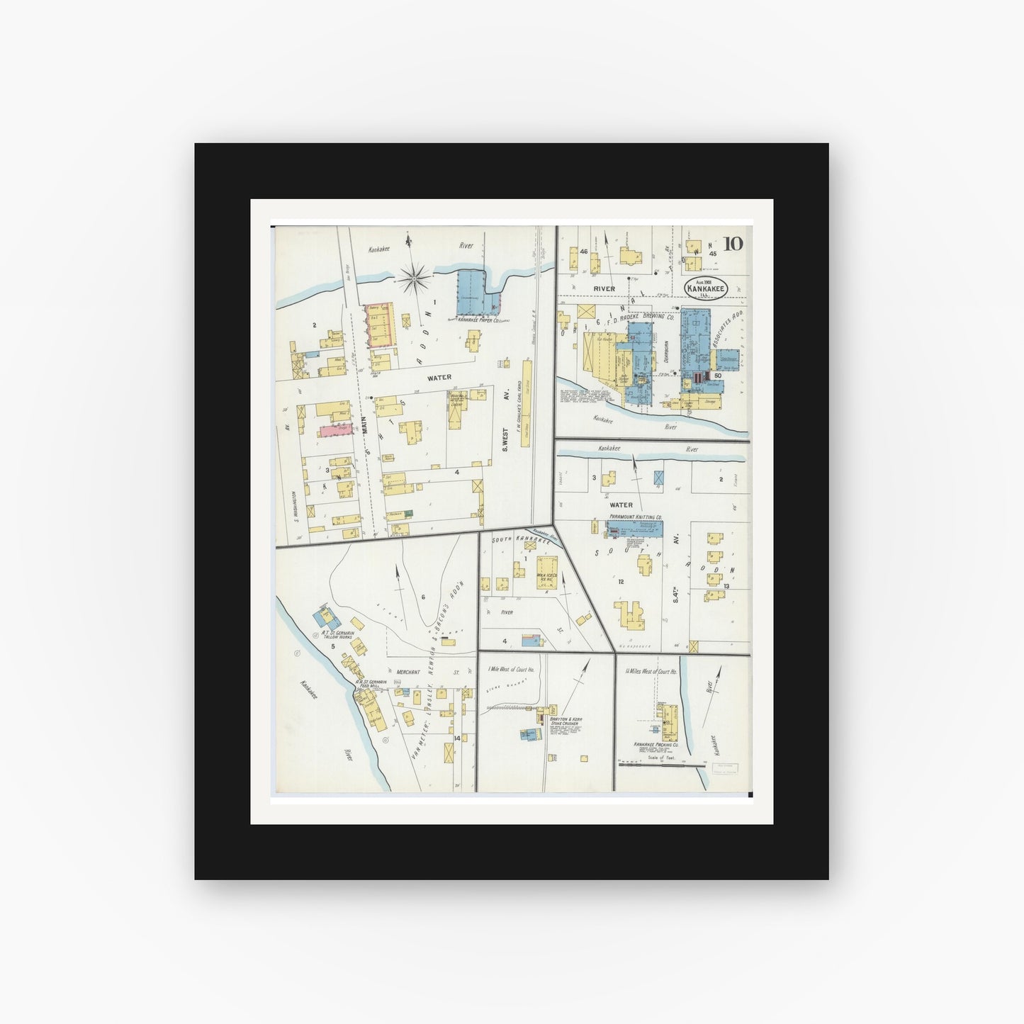 Old map wall art mockup — black gallery frame with white mat — Sanborn Fire Insurance Map from Kankakee, Kankakee County, Illinois (1901), Sheet #0010