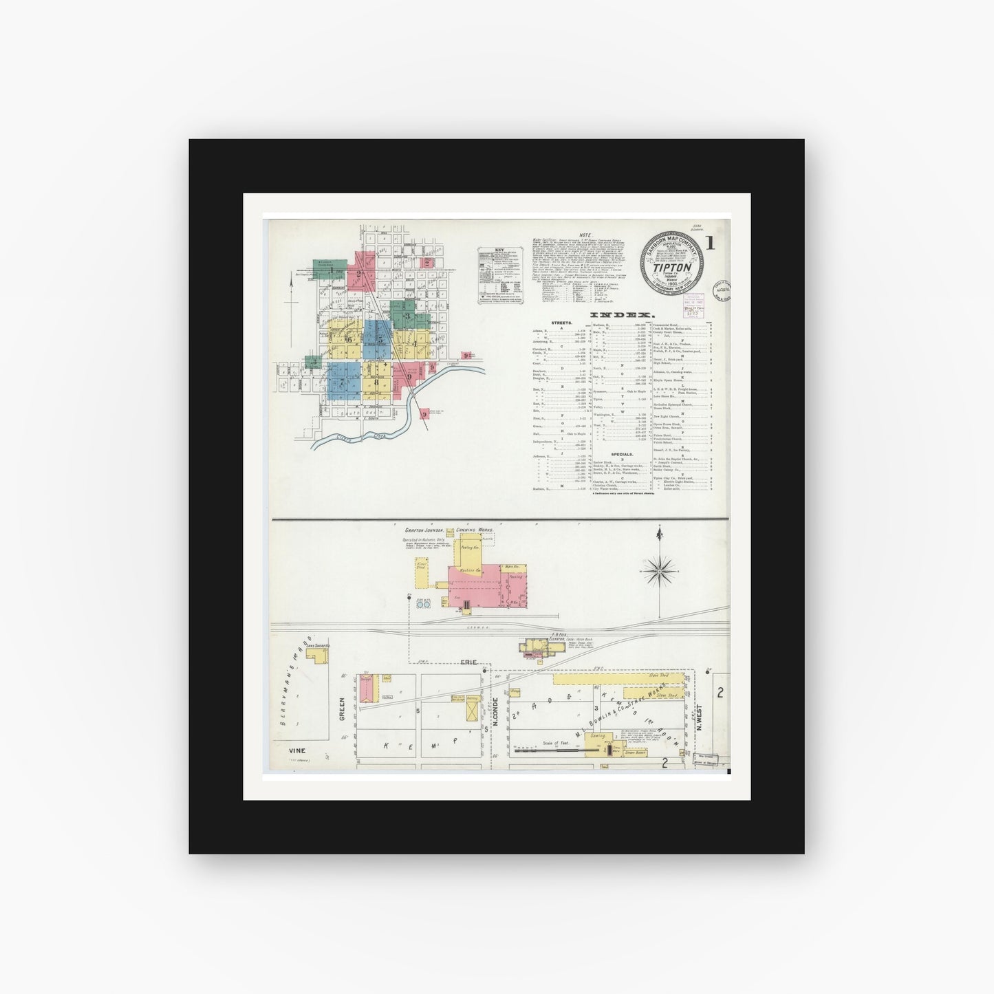 Old map wall art mockup — black gallery frame with white mat — Sanborn Fire Insurance Map from Tipton, Tipton County, Indiana (1902) - Complete Map Set