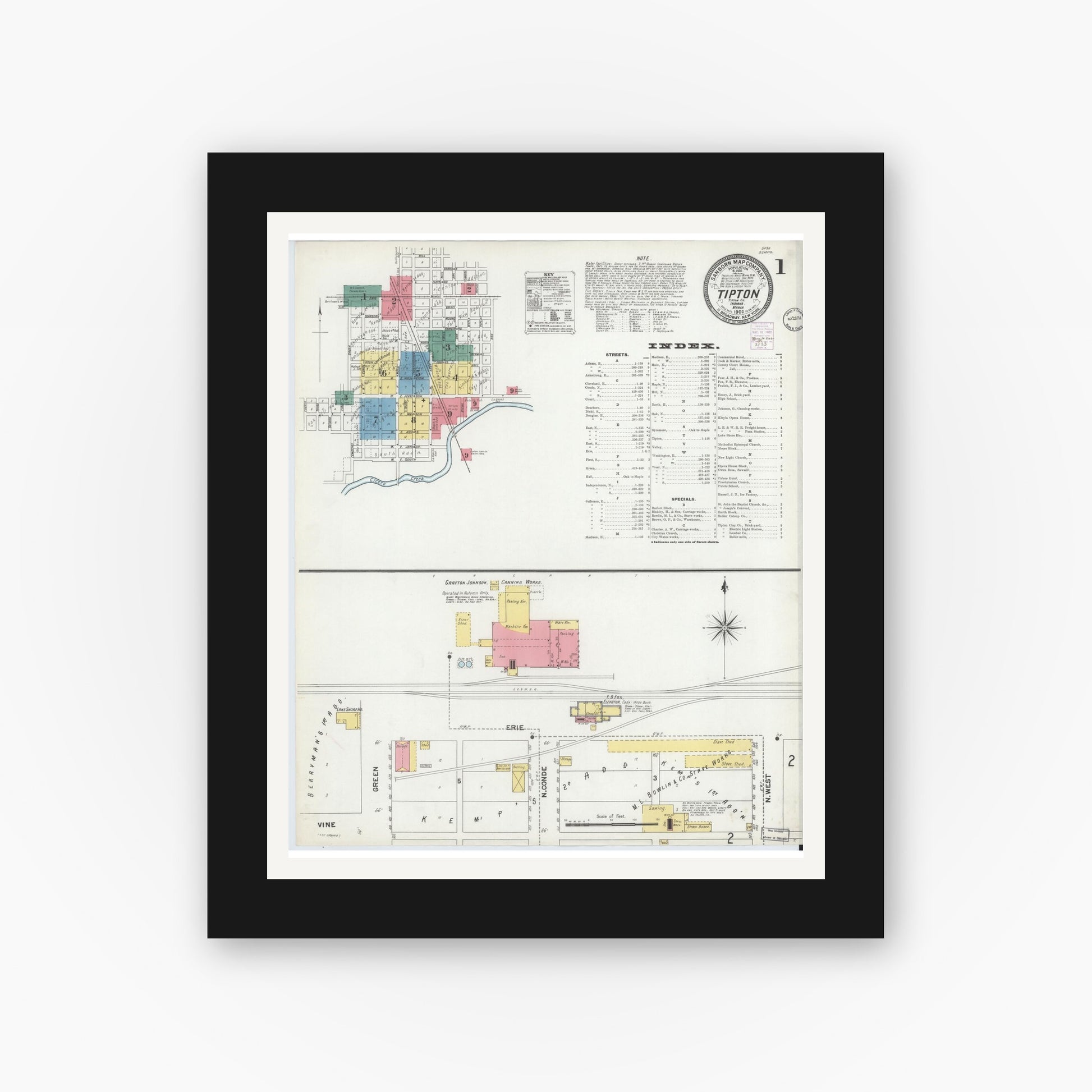 Old map wall art mockup — black gallery frame with white mat — Sanborn Fire Insurance Map from Tipton, Tipton County, Indiana (1902) - Complete Map Set