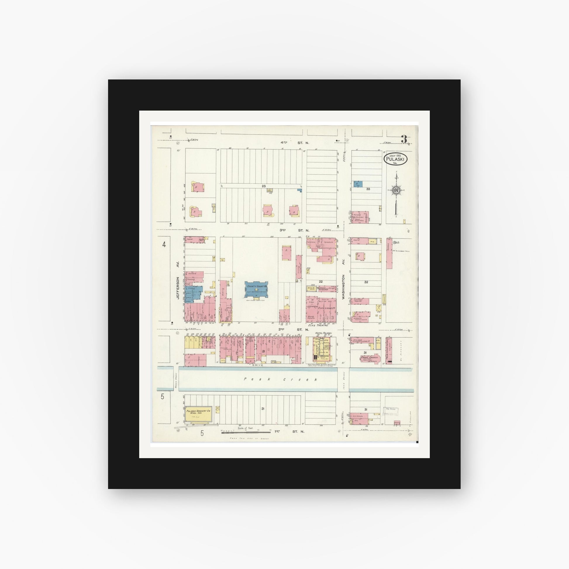 Old map wall art mockup — black gallery frame with white mat — Sanborn Fire Insurance Map from Pulaski, Pulaski County, Virginia (1913), Sheet #0003