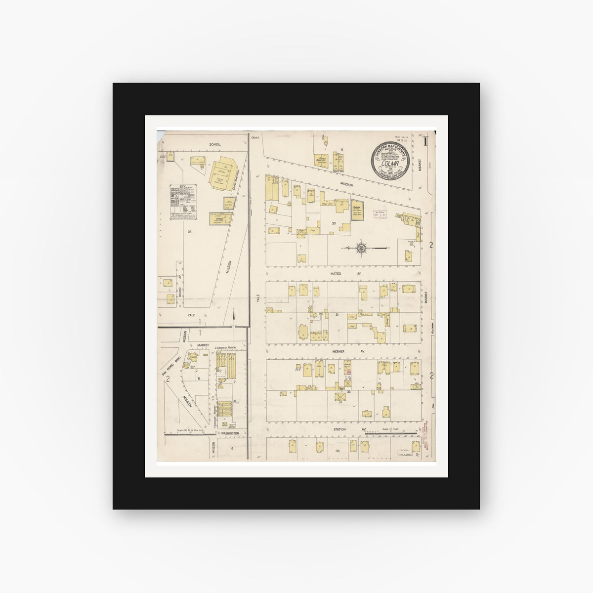 Old map wall art mockup — black gallery frame with white mat — Sanborn Fire Insurance Map from Colma, San Mateo County, California (1915), Sheet #0001