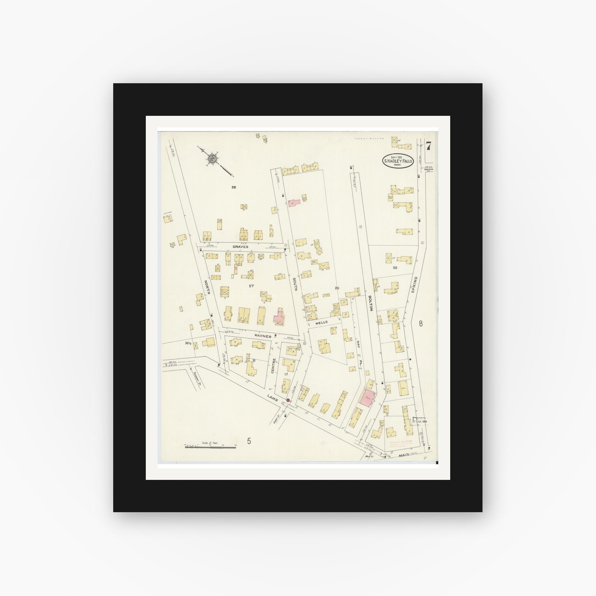 Old map wall art mockup — black gallery frame with white mat — Sanborn Fire Insurance Map from South Hadley Falls, Hampshire County, Massachusetts (1910), Sheet #0007