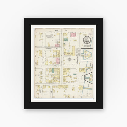Old map wall art mockup — black gallery frame with white mat — Sanborn Fire Insurance Map from Sanford, Seminole County, Florida (1887), Sheet #0001