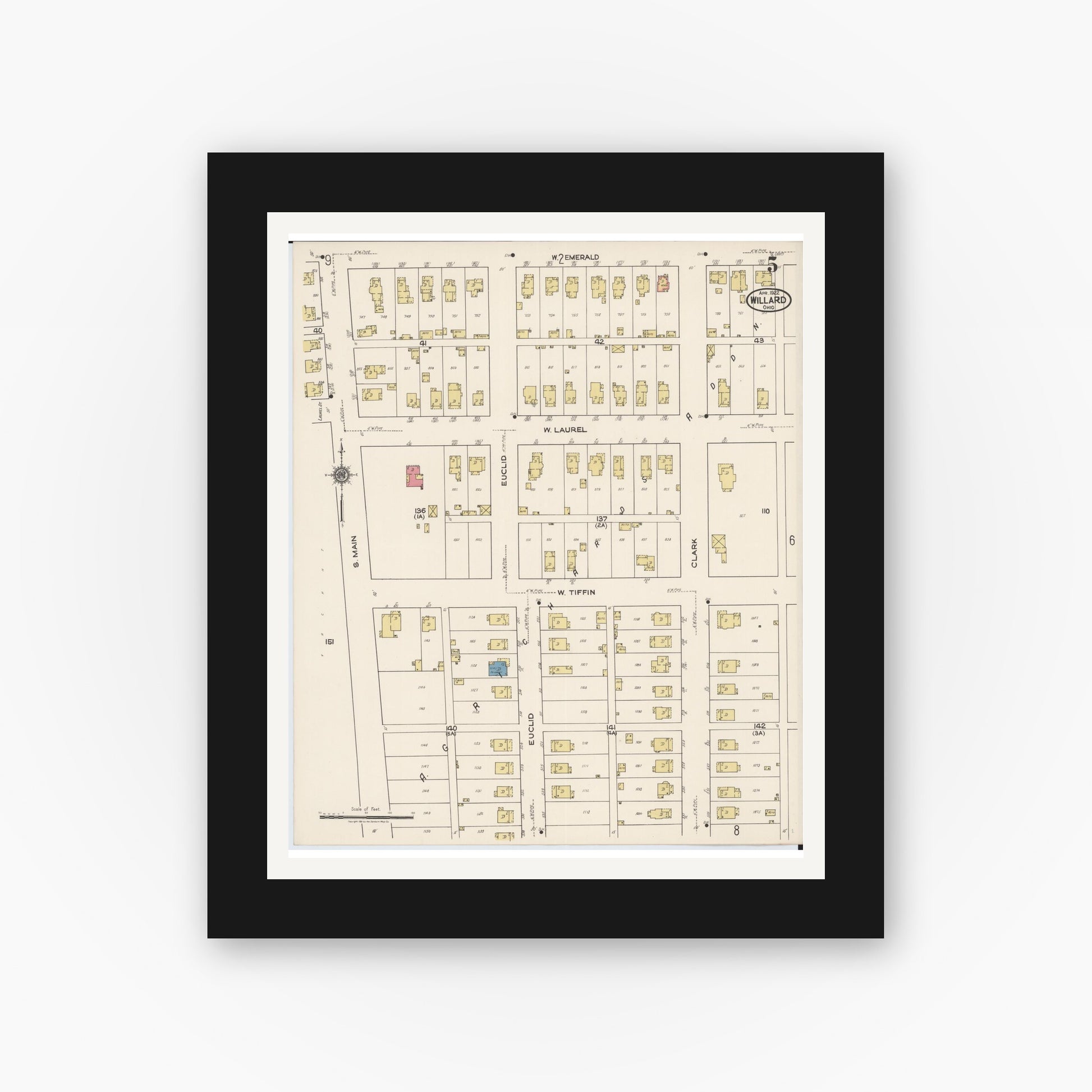 Old map wall art mockup — black gallery frame with white mat — Sanborn Fire Insurance Map from Willard, Huron County, Ohio (1922), Sheet #0005