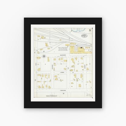 Old map wall art mockup — black gallery frame with white mat — Sanborn Fire Insurance Map from Marshall, Harrison County, Texas (1899), Sheet #0005