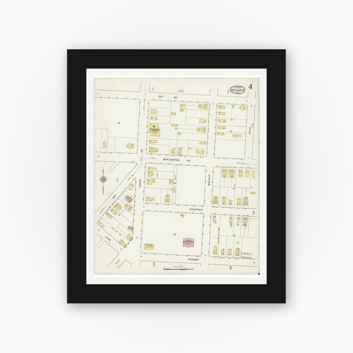 Old map wall art mockup — black gallery frame with white mat — Sanborn Fire Insurance Map from Delanco, Burlington County, New Jersey (1915), Sheet #0004