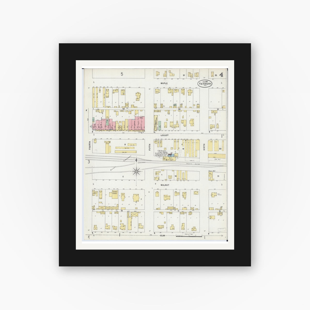 Old map wall art mockup — black gallery frame with white mat — Sanborn Fire Insurance Map from Fairbury, Livingston County, Illinois (1898), Sheet #0004