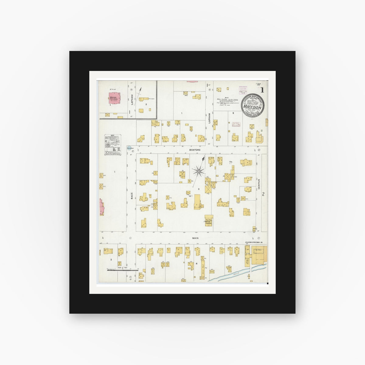 Old map wall art mockup — black gallery frame with white mat — Sanborn Fire Insurance Map from Macedon, Wayne County, New York (1906) - Complete Map Set