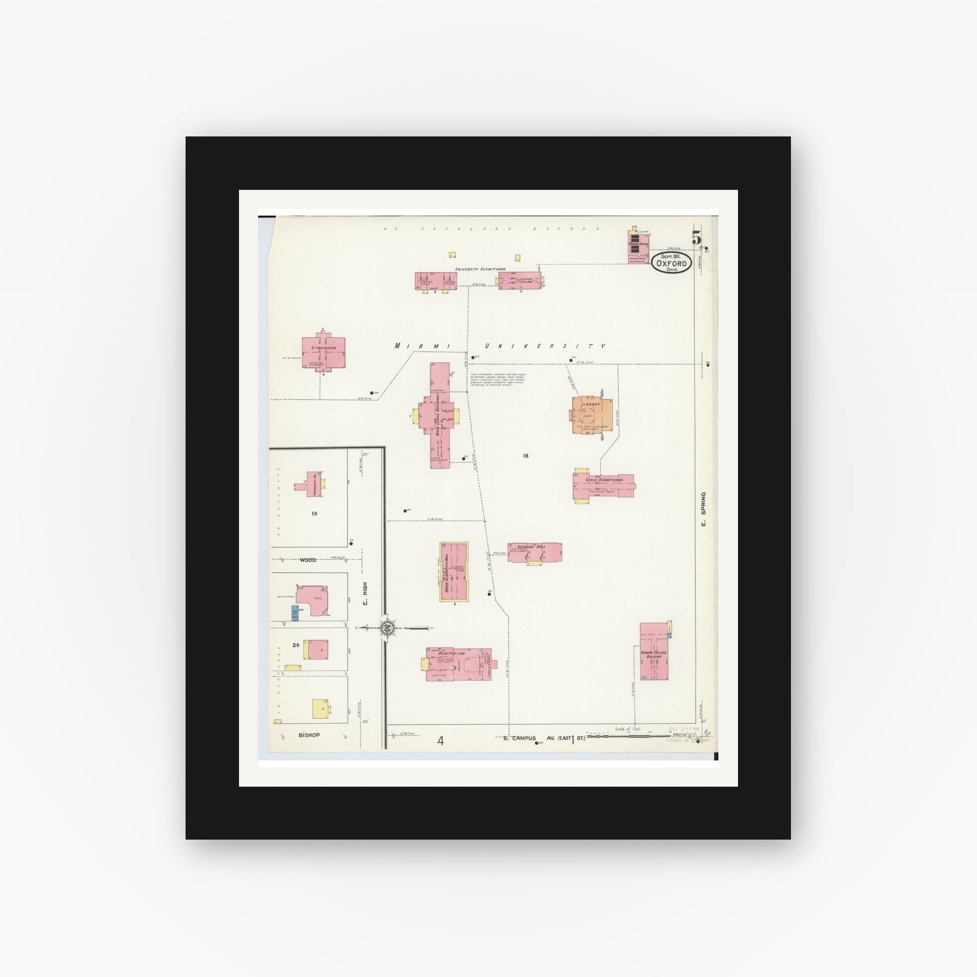 Old map wall art mockup — black gallery frame with white mat — Sanborn Fire Insurance Map from Oxford, Butler County, Ohio (1911), Sheet #0005