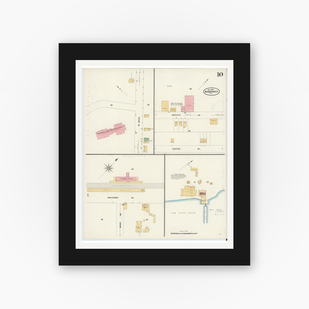 Old map wall art mockup — black gallery frame with white mat — Sanborn Fire Insurance Map from Mamaroneck, Westchester County, New York (1908), Sheet #0010