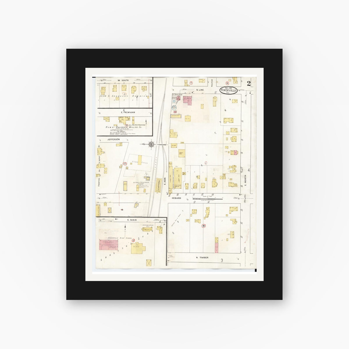 Old map wall art mockup — black gallery frame with white mat — Sanborn Fire Insurance Map from Knoxville, Knox County, Illinois (1944), Sheet #0002