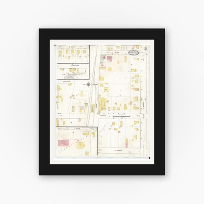 Old map wall art mockup — black gallery frame with white mat — Sanborn Fire Insurance Map from Knoxville, Knox County, Illinois (1944), Sheet #0002