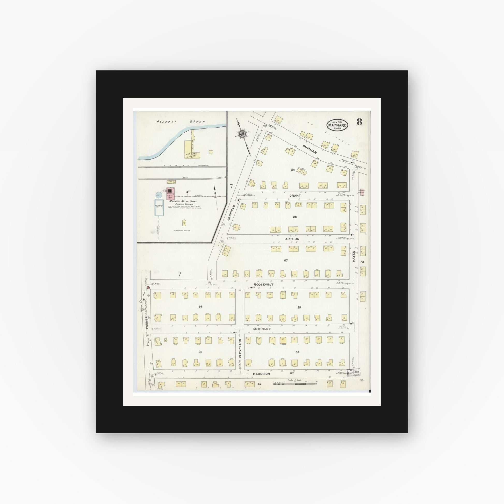 Old map wall art mockup — black gallery frame with white mat — Sanborn Fire Insurance Map from Maynard, Middlesex County, Massachusetts (1910), Sheet #0008