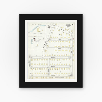 Old map wall art mockup — black gallery frame with white mat — Sanborn Fire Insurance Map from Maynard, Middlesex County, Massachusetts (1910), Sheet #0008