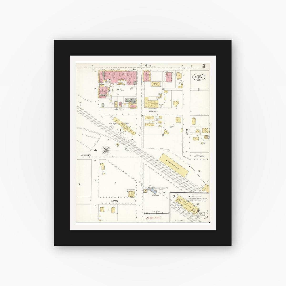Old map wall art mockup — black gallery frame with white mat — Sanborn Fire Insurance Map from Dixon, Solano County, California (1907), Sheet #0003