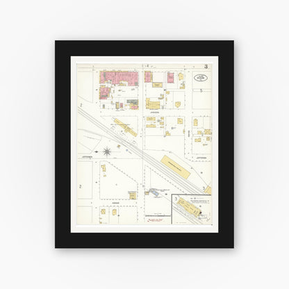 Old map wall art mockup — black gallery frame with white mat — Sanborn Fire Insurance Map from Dixon, Solano County, California (1907), Sheet #0003