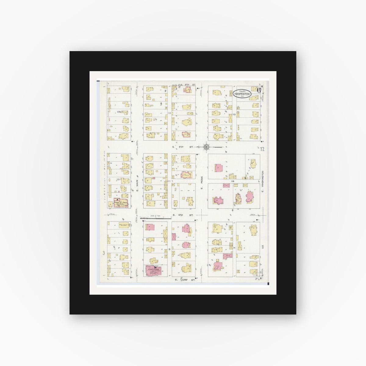 Old map wall art mockup — black gallery frame with white mat — Sanborn Fire Insurance Map from Hoopeston, Vermilion County, Illinois (1913), Sheet #0006