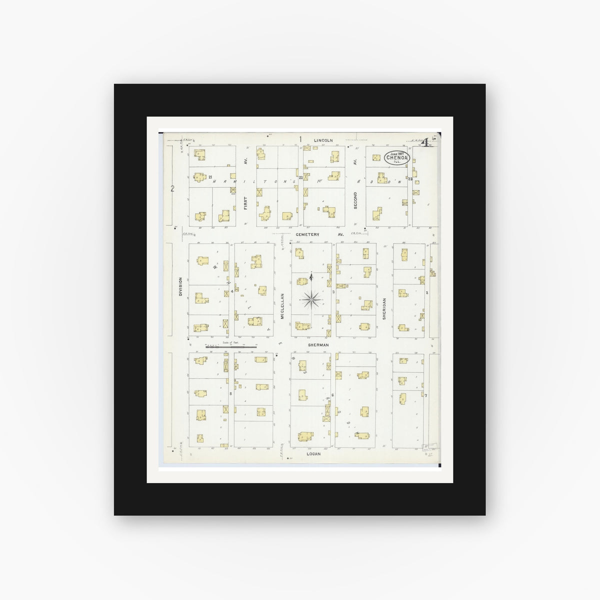 Old map wall art mockup — black gallery frame with white mat — Sanborn Fire Insurance Map from Chenoa, McLean County, Illinois (1907), Sheet #0004