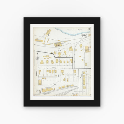 Old map wall art mockup — black gallery frame with white mat — Sanborn Fire Insurance Map from Beaumont, Jefferson County, Texas (1899), Sheet #0014