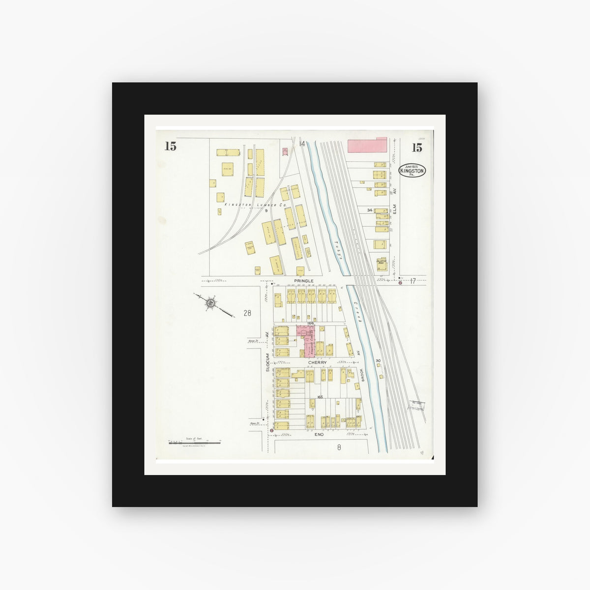 Old map wall art mockup — black gallery frame with white mat — Sanborn Fire Insurance Map from Kingston, Luzerne County, Pennsylvania (1925), Sheet #0015