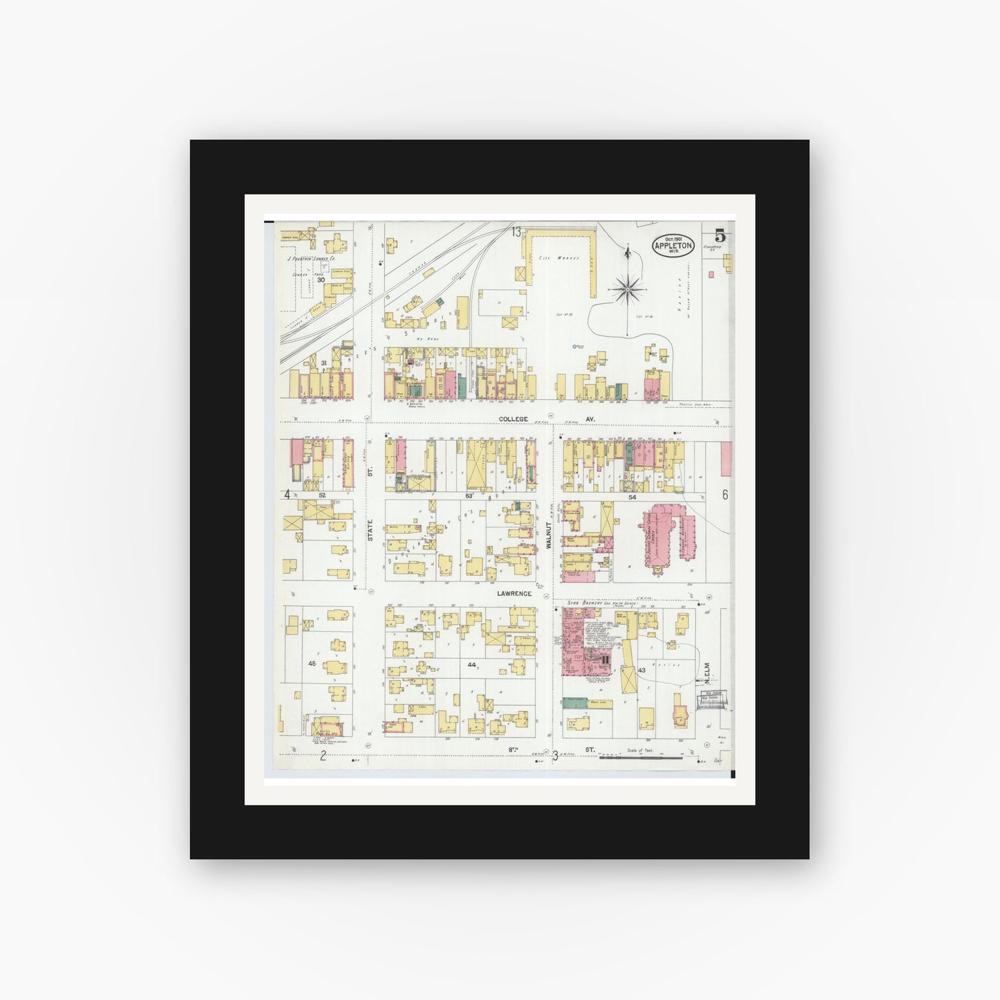 Old map wall art mockup — black gallery frame with white mat — Sanborn Fire Insurance Map from Appleton, Outagamie County, Wisconsin (1901), Sheet #0005