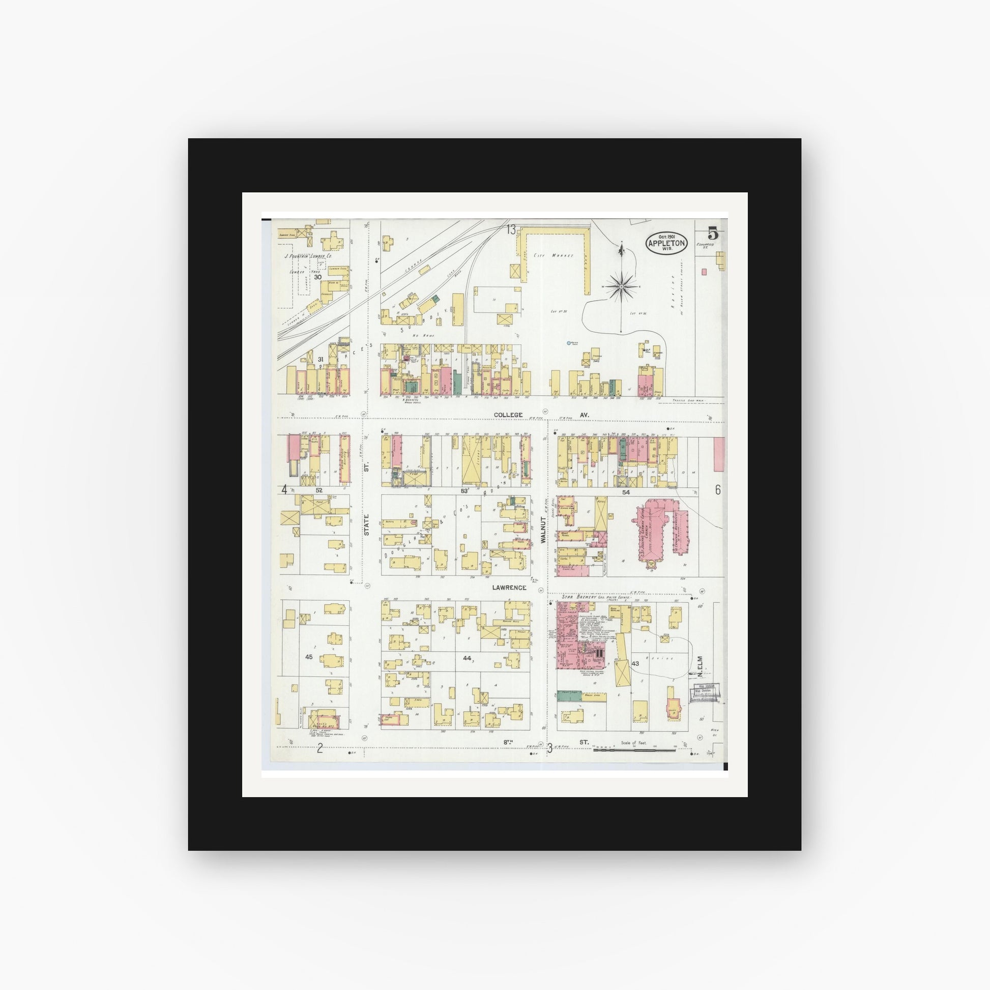 Old map wall art mockup — black gallery frame with white mat — Sanborn Fire Insurance Map from Appleton, Outagamie County, Wisconsin (1901), Sheet #0005