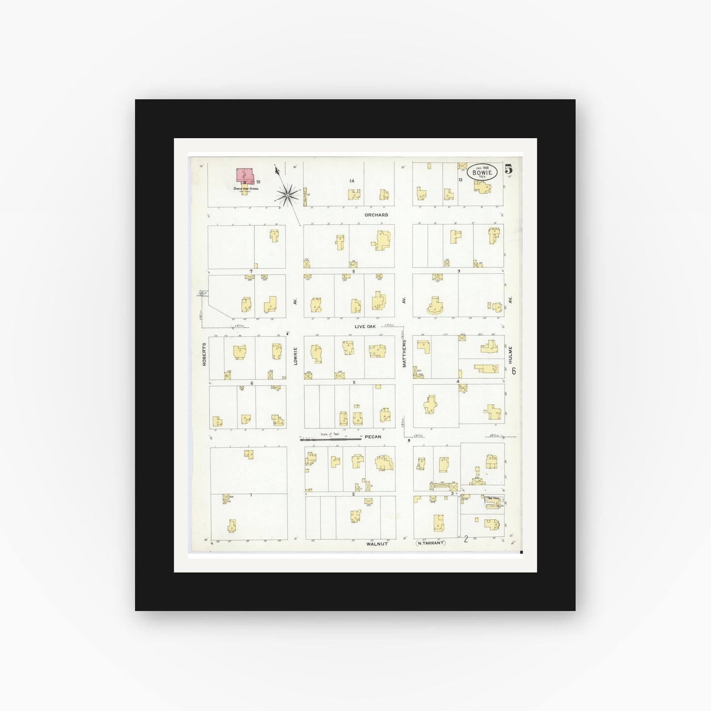 Old map wall art mockup — black gallery frame with white mat — Sanborn Fire Insurance Map from Bowie, Montague County, Texas (1908), Sheet #0005