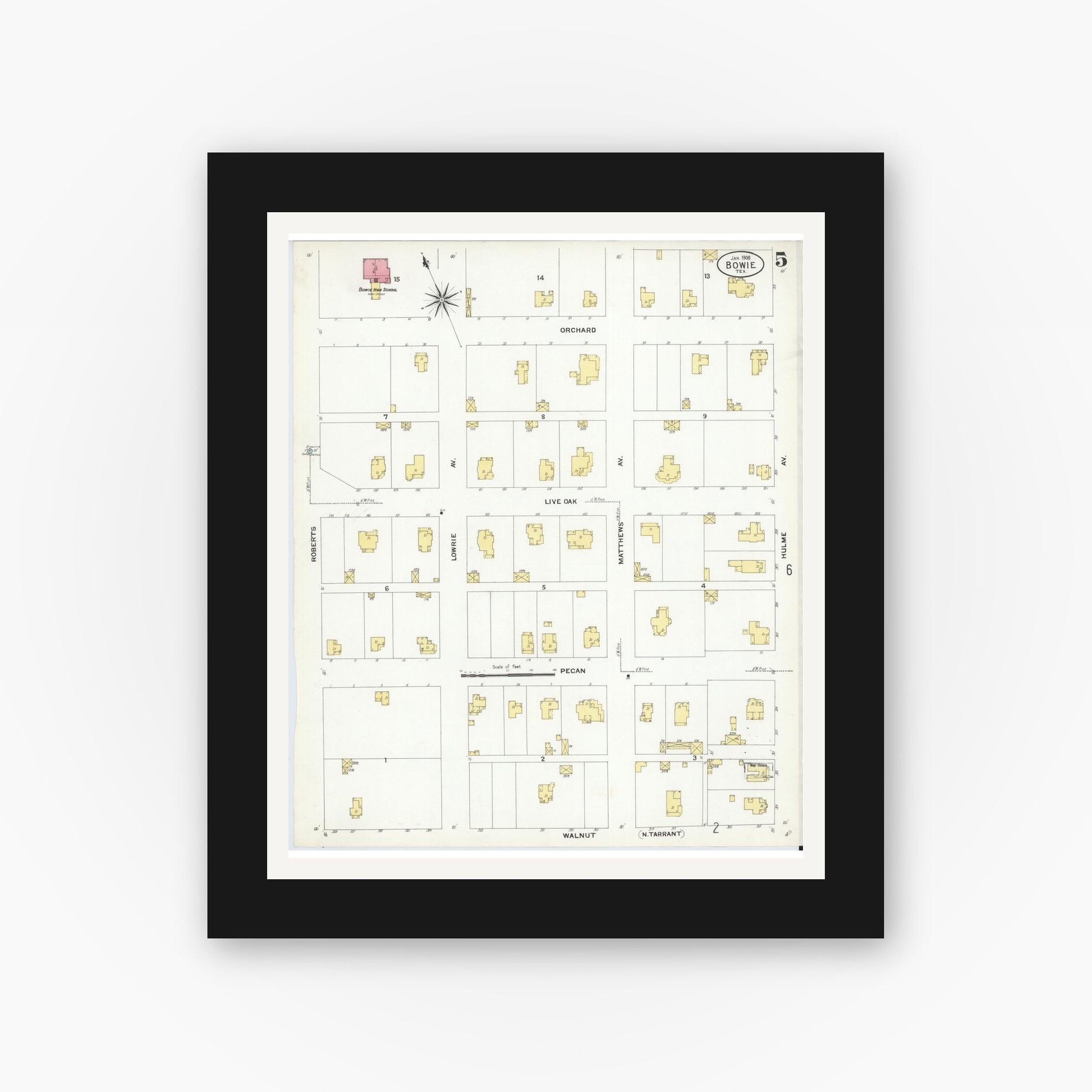 Old map wall art mockup — black gallery frame with white mat — Sanborn Fire Insurance Map from Bowie, Montague County, Texas (1908), Sheet #0005