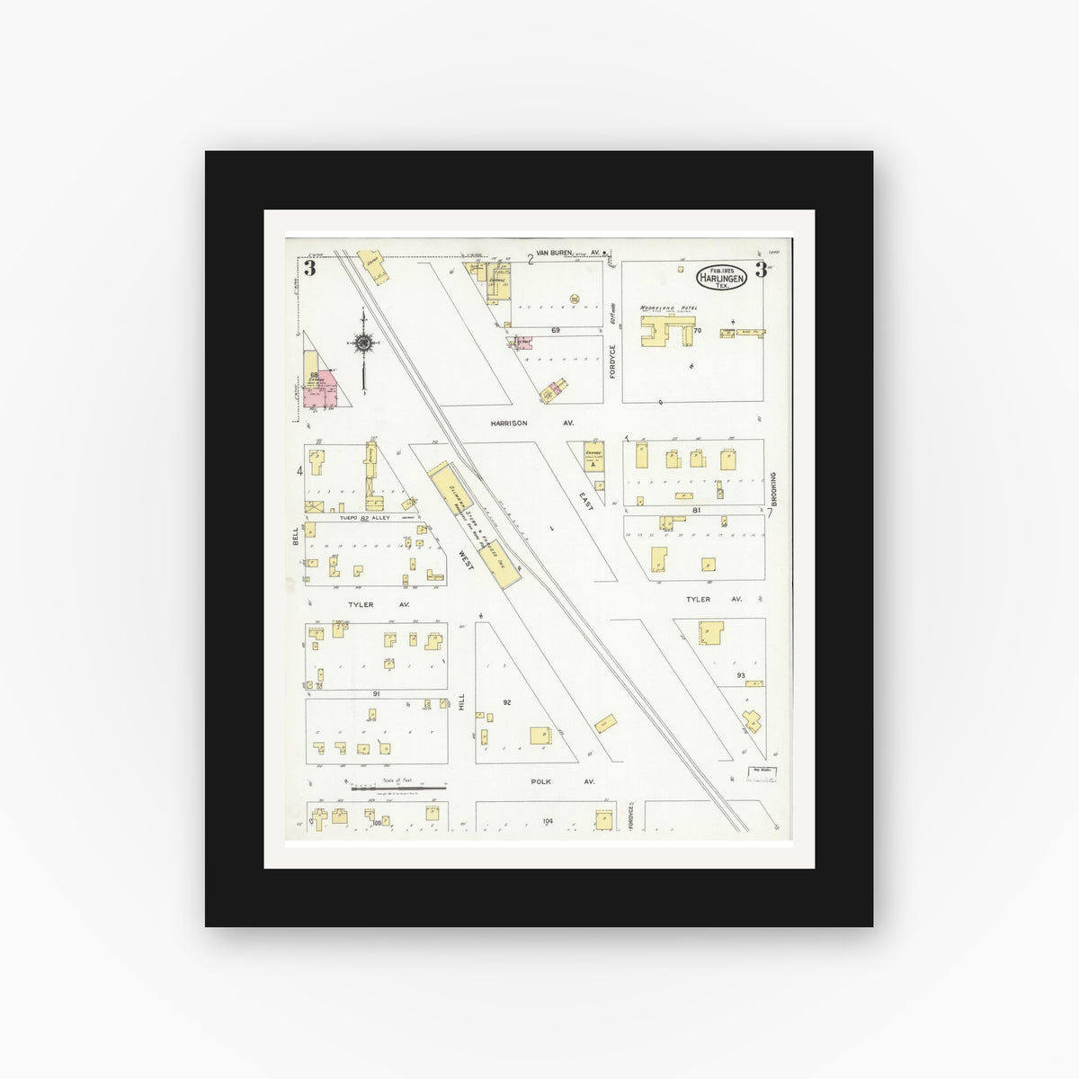 Old map wall art mockup — black gallery frame with white mat — Sanborn Fire Insurance Map from Harlingen, Cameron County, Texas (1925), Sheet #0003